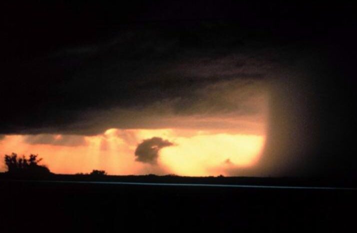 A photograph of a thunderstorm producing a wet downburst over a field.
