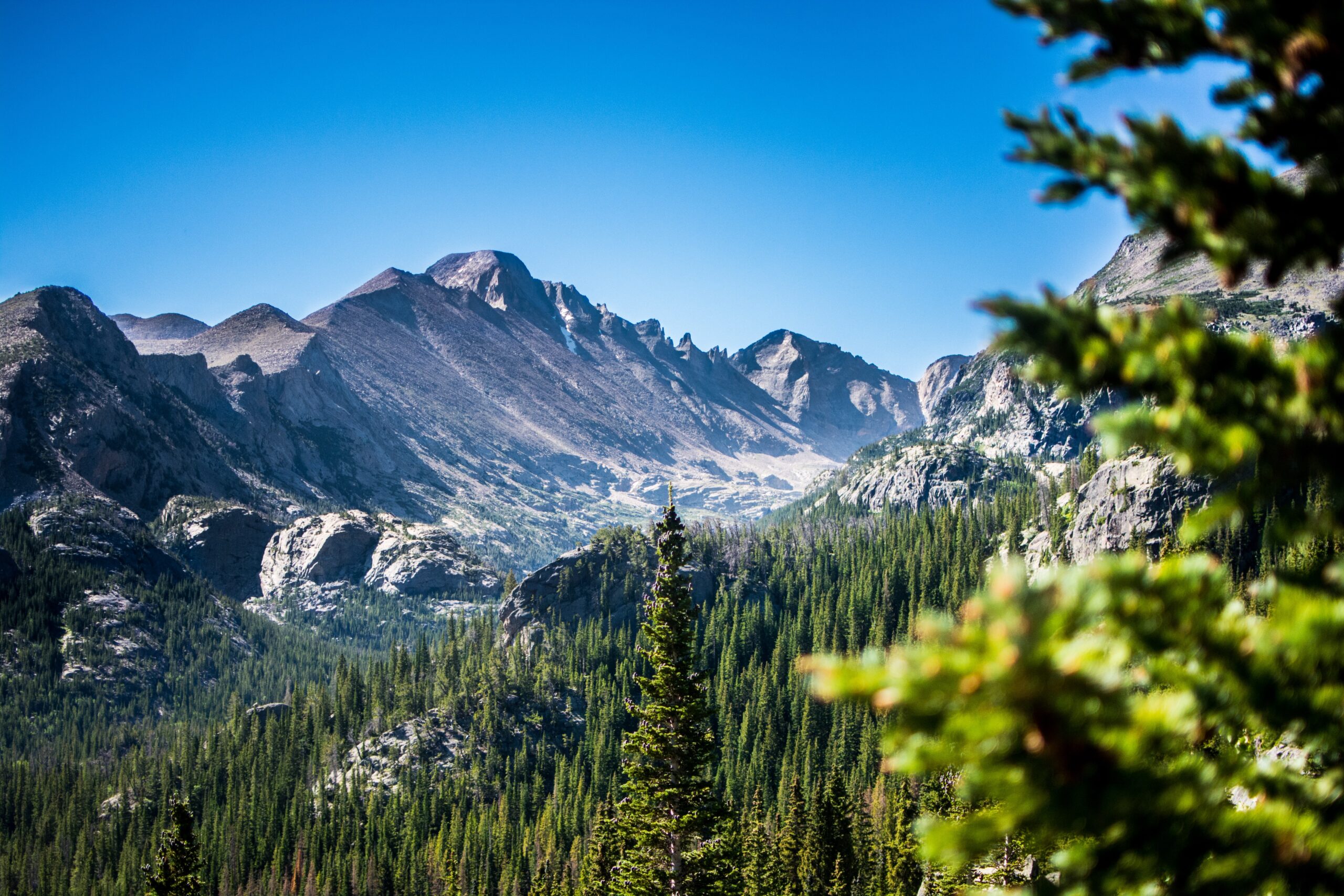 A photograph of a summer mountain scape with blue skies.