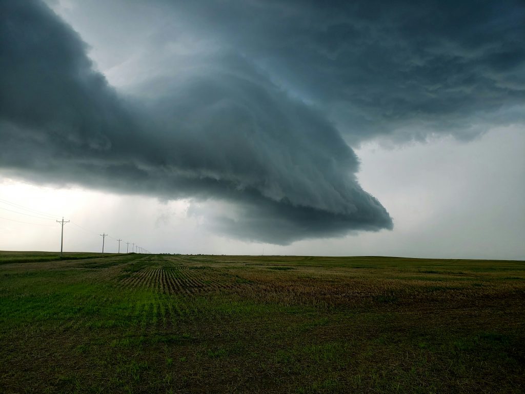 A picture of a wall cloud within a supercell storm.