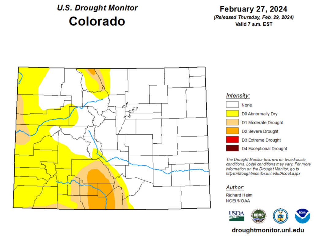 February Drought Monitor Map of Colorado issued February 27, 2024.