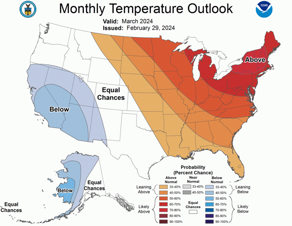 March Temperature Outlook Map of the US issued February 29, 2024.