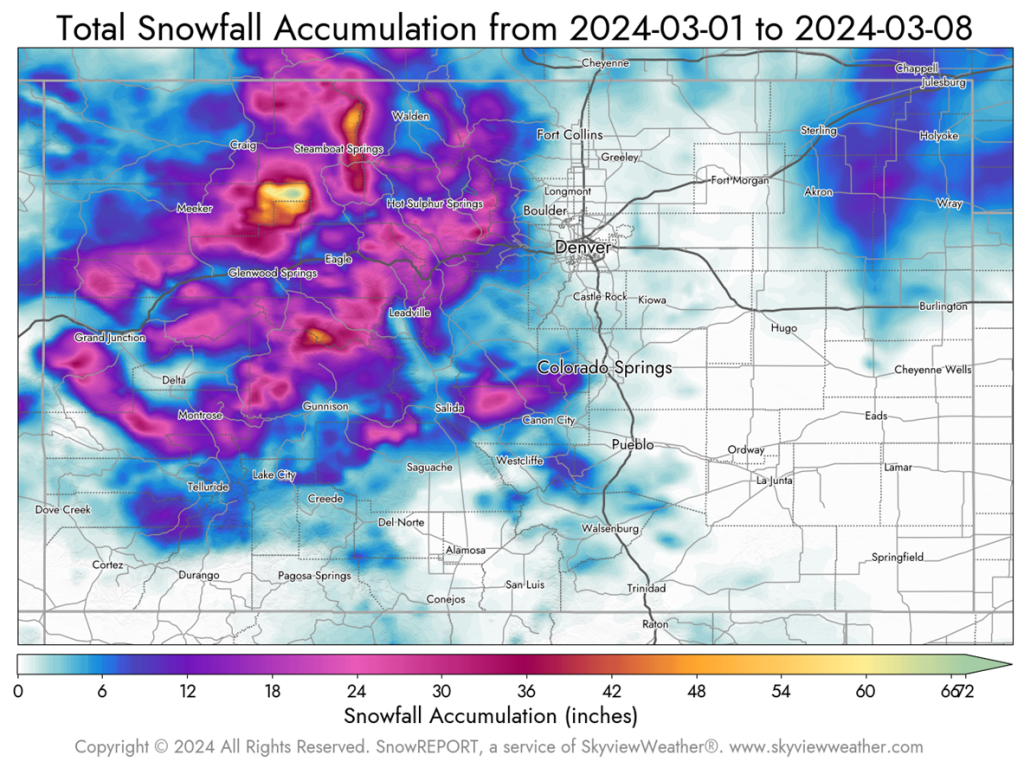 Skyview Weather Map of Colorado Snowfall from March 1, 2024 through March 8, 2024