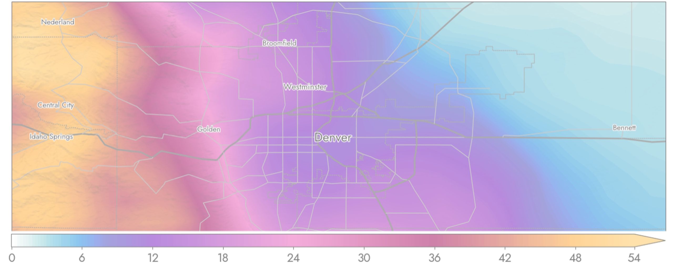 A color filled contour map of snowfall in Denver Colorado from a 2024 snowstorm.