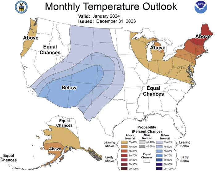 January 2024 map of Monthly Temperature outlooks for the US.