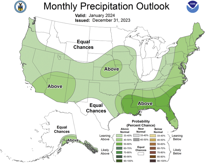 January 2024 map of Monthly Precipitation outlook for the US.