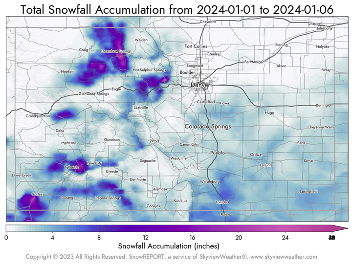 Skyview Weather Map of Colorado Total Snowfall Accumulation from January 1, 2024 through January 6, 2024.