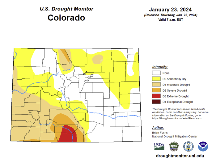February Drought Monitor Map of Colorado issued January 23, 2024.