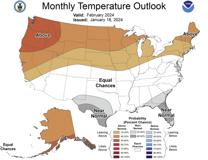 February Temperature Outlook Map of the US issued January 18, 2024.