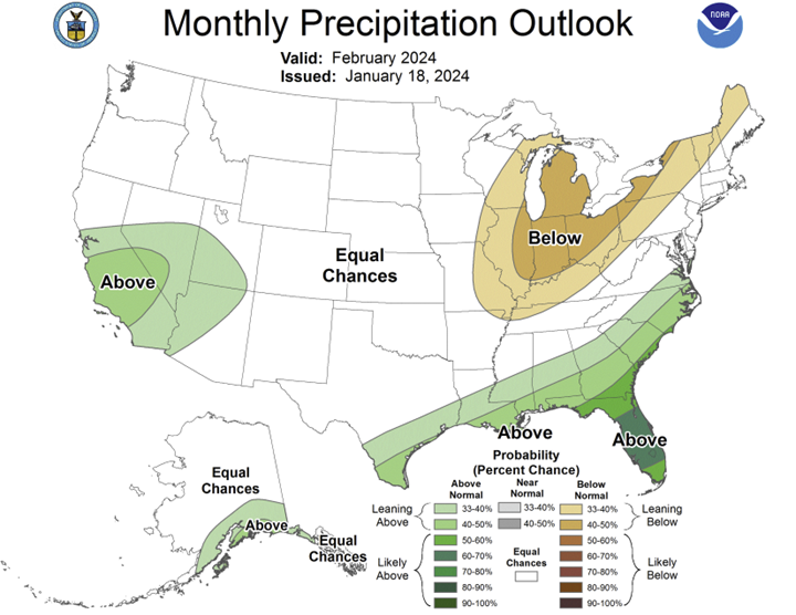 February Precipitation Outlook Map of the US issued January 18, 2024.