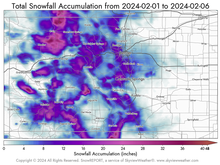 Skyview Weather Map of Colorado Snowfall from February 1, 2024 through February 6, 2024.