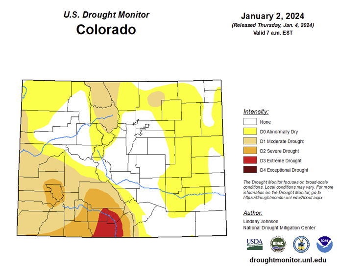 January 2024 map of drought conditions in Colorado