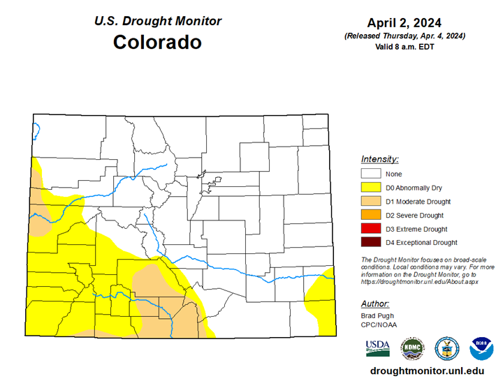 February Drought Monitor Map of Colorado issued April 4, 2024.