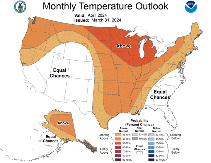 March Temperature Outlook Map of the US issued March 31, 2024.