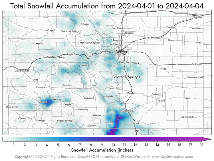 Skyview Weather Map of Colorado Snowfall from April 1, 2024 thru April 4, 2024