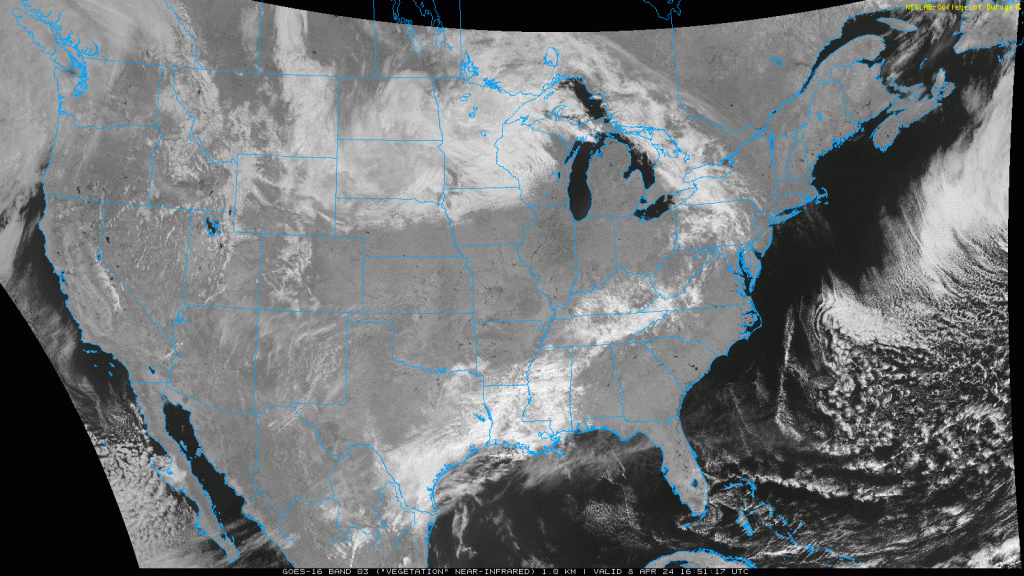 Animated GIF displaying the progression of the total solar eclipse across the United States, captured by the GOES-16 Band 03 imagery. The eclipse shadow begins in Texas and sweeps northeastward, traversing states until reaching Maine. The dynamic movement of the eclipse shadow highlights the celestial phenomenon's journey across the continental United States.