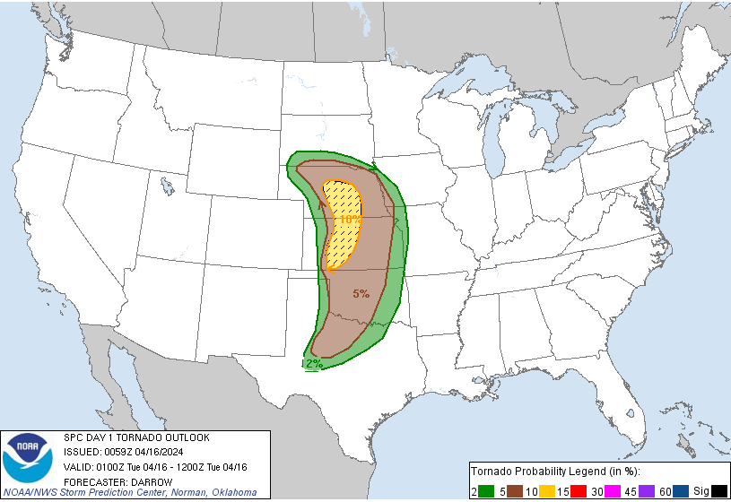 Day 1 Tornado Probability Outlook from the NOAA SPC depicting a 10% risk from Central Kansas through Nebraska. A 5% risk extends from Texas to South Dakota.