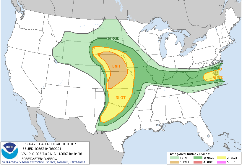 Day 1 Convective Outlook from the NOAA SPC depicting an enhanced risk (level 3 out of 5) from Central Kansas through Nebraska and South Dakota. A slight risk extends from Texas to South Dakota with a small section in Virginia and North Carolina.
