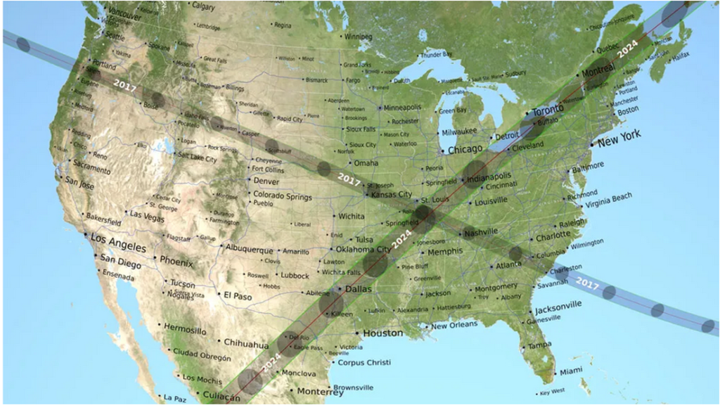 Map of the North American continent with the 2017 and 2024 solar eclipse path.