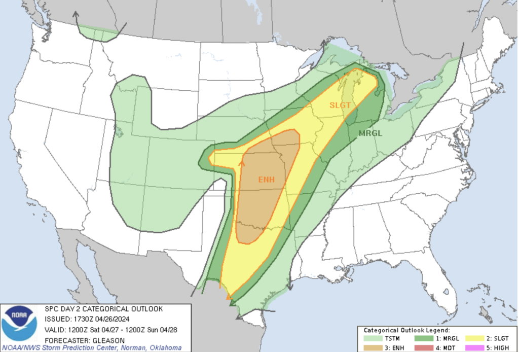 Day 2 Convective Outlook for the United States - April 27, 2024: A graphical representation of the Day 2 convective outlook issued by the Storm Prediction Center (SPC). The image shows forecasted severe weather probabilities across various regions, including tornado, hail, and wind threats. The color-coded legend indicates the severity levels ranging from marginal to high risk. This outlook aids meteorologists and the public in understanding the potential for severe weather on the specified date.