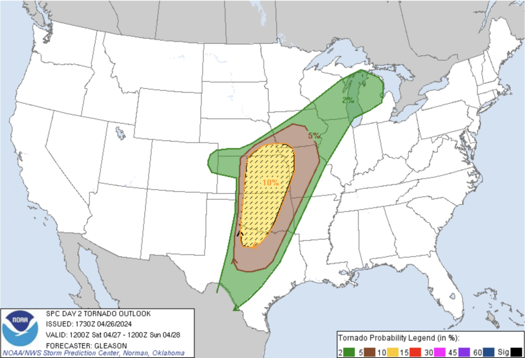 Day 2 Tornado Probability Outlook for the United States - April 27, 2024: A graphical representation of the Day 2 tornado probability outlook issued by the Storm Prediction Center (SPC). The image displays forecasted probabilities of tornado occurrence across different regions, with color-coded shading indicating the likelihood of tornadoes. This outlook assists meteorologists and the public in assessing the potential risk of tornado activity on the specified date.