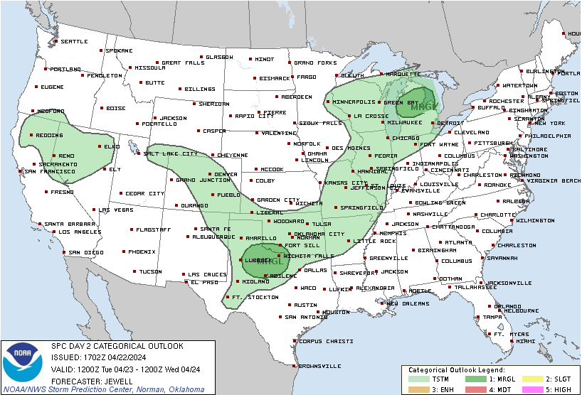 Day 2 Convective Outlook - NWS Storm Prediction Center Norman OK, 1202 PM CDT Mon Apr 22 2024: Predicting Severe Thunderstorm Risk. Portions of MI and TX have marginal severe risk while areas from CA, NV, CO, OK, WI and in between have a general thunderstorm risk.