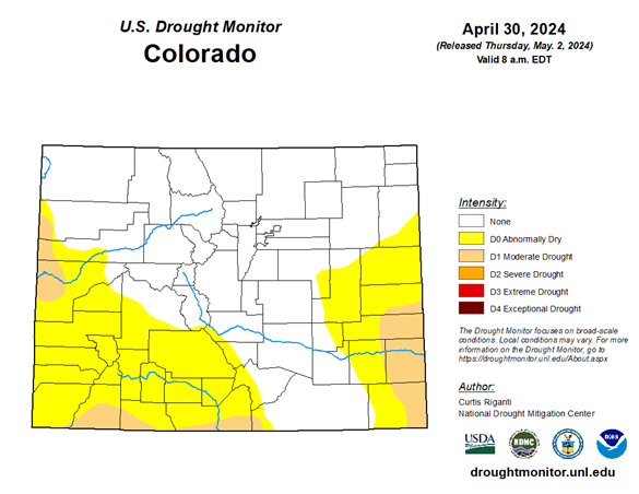 May Drought Monitor Map of Colorado issued April 30, 2024.