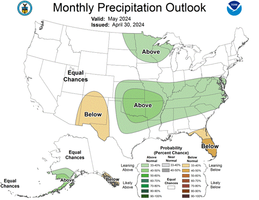 May Precipitation Outlook Map of the US issued April 30, 2024.