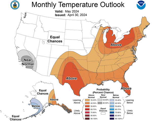May Temperature Outlook Map of the US issued April 30, 2024.