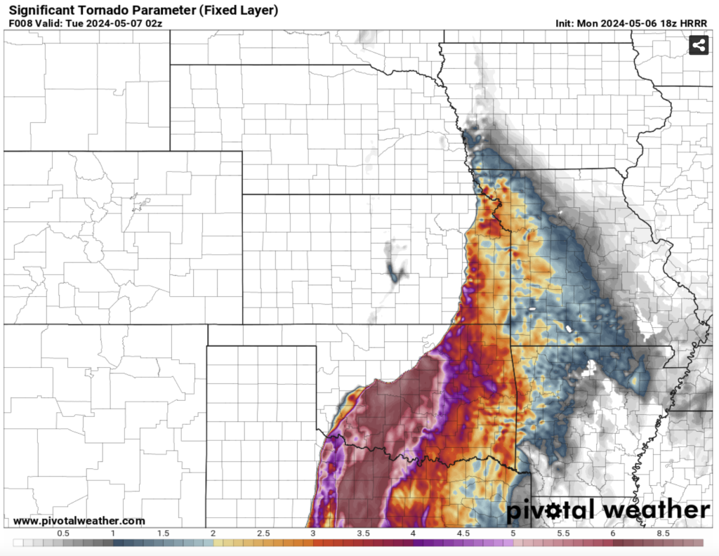 A map of the Central Plains of the US depicting STP or Significant Tornado Parameter of 8.5 and higher in Central Oklahoma. A composite index that includes 0-6 km bulk wind shear, 0-1 km storm-relative helicity, surface based CAPE, surface parcel CIN, and surface parcel LCL height. Values greater than 1 are indicative of increased potential of significant tornadoes. The contours are the Lifted Condensation Level or LCL. A lower LCL typically increases tornadic risk because it is indicative of air parcel acceleration occurring closer to the surface.
