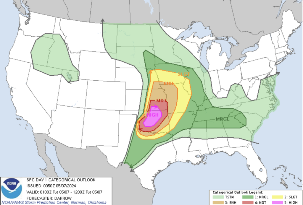 An animated weather outlook map showing forecasted severe weather risk areas for the next day. The map displays different colored regions indicating the severity of weather conditions, with a legend specifying the risk levels. The image is labeled 'Day 1 Outlook.'