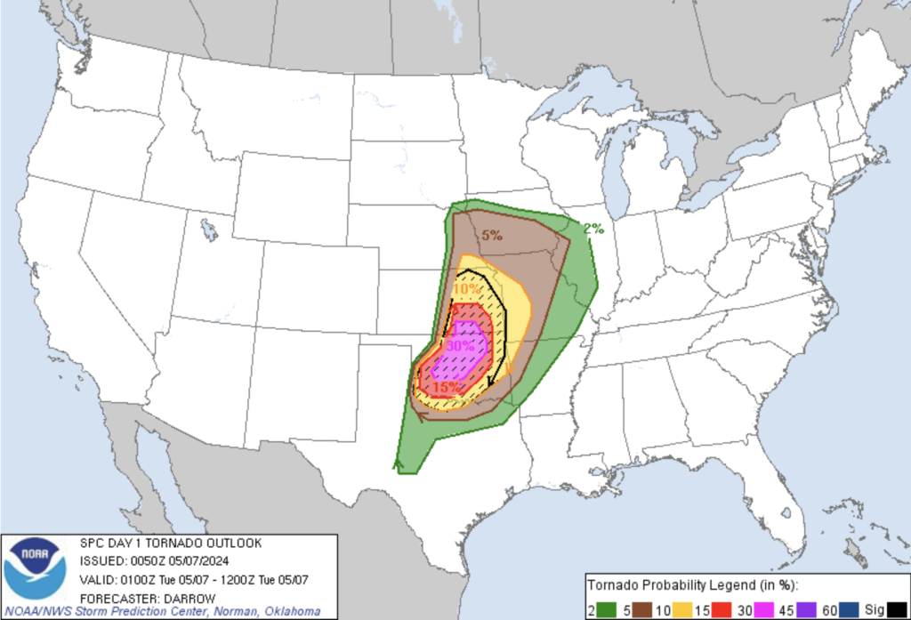 An animated probabilistic tornado outlook map for the next day. The map depicts various shades of color representing the probability of tornado occurrence, with darker shades indicating higher probabilities. The image is labeled 'Day 1 Probabilistic Tornado Outlook.