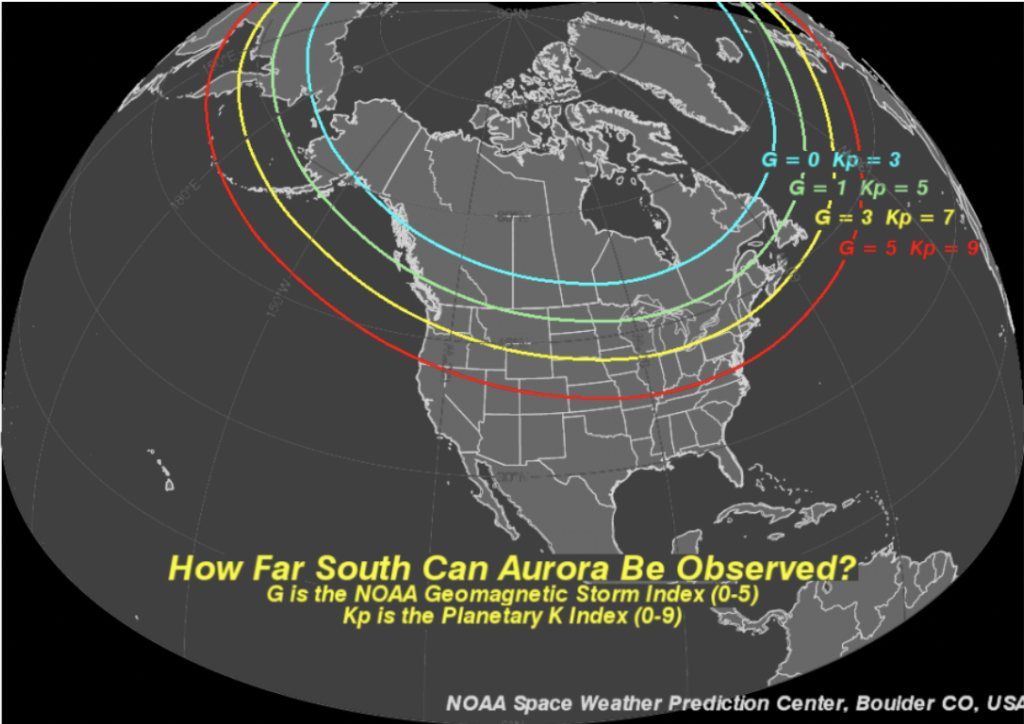 Illustration: North America map depicting Aurora visibility based on Kp index levels.