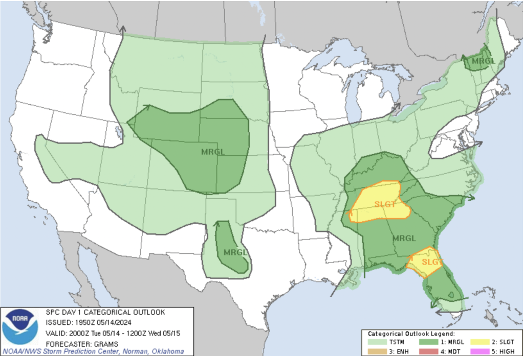 Graphic depicting the Day 1 convective outlook, illustrating areas at risk for severe thunderstorms across the United States.