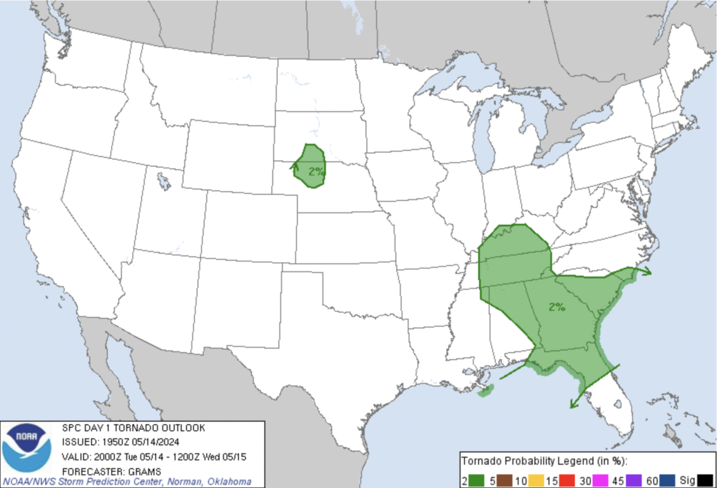 Graphic depicting the Day 1 tornado probability outlook, highlighting areas at risk for tornadoes across the United States. Via the NOAA SPC