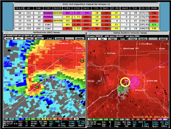 Tornadic Vortex Signature in radar data. In this display, the circle is a mesocyclone, and the triangle is the TVS. Courtesy of NSSL