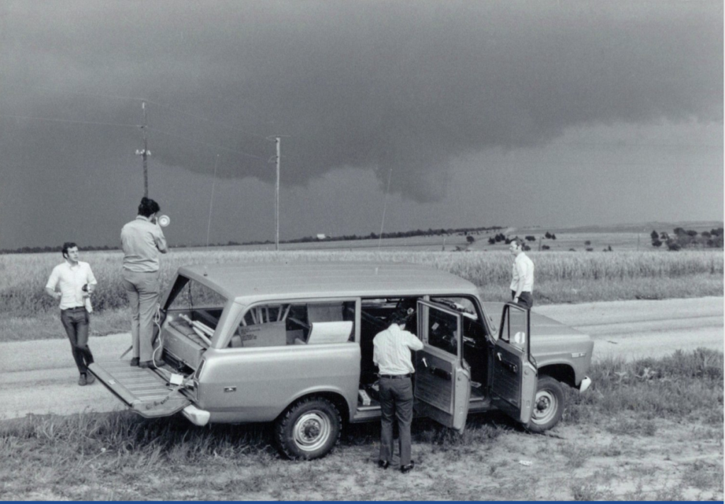 Researchers from the NOAA National Severe Storms Laboratory deployed as Tornado Intercept Teams to document the development of tornadic thunderstorms. Courtesy of NSSL