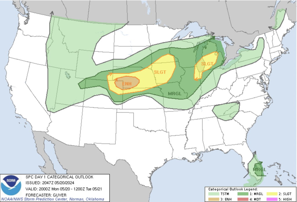 The image is a weather map displaying the general outlook for severe weather conditions. Different regions are shaded in various colors to represent the severity and likelihood of severe weather events, such as thunderstorms, hail, or high winds. The map includes a legend or key to interpret the color codes and covers a large geographic area to provide a forecast for a particular day.