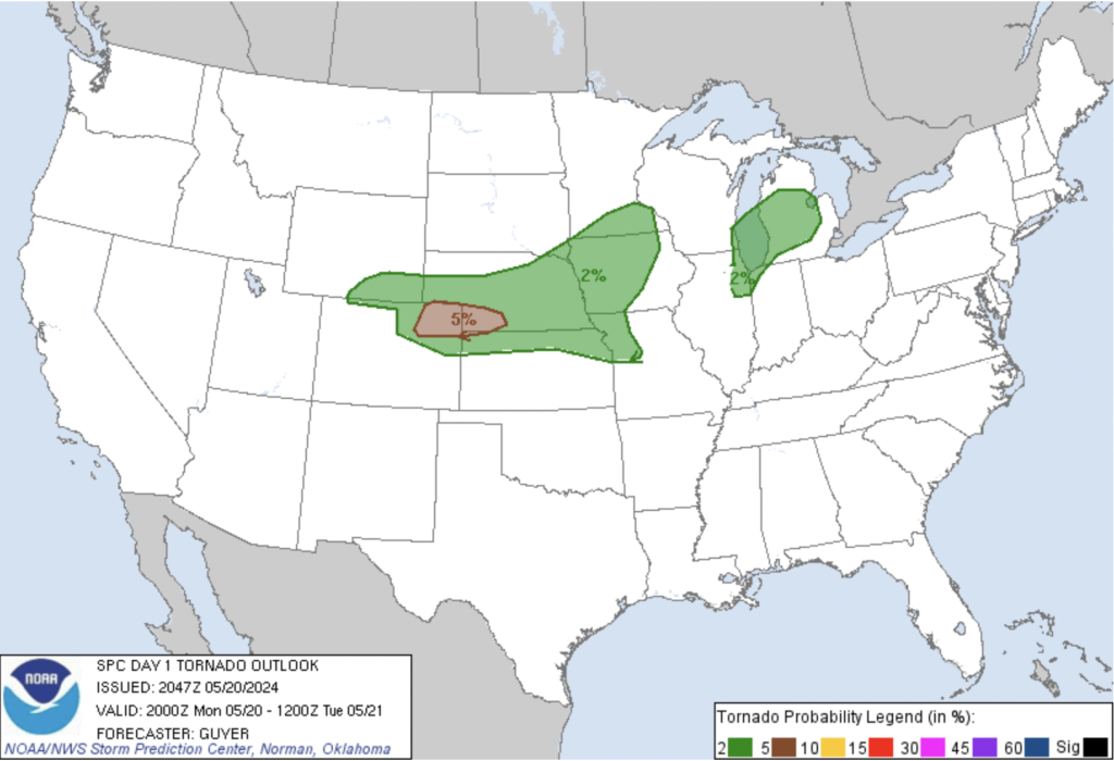 The image is a weather map showing the likelihood of tornadoes occurring in different regions. Various colors and shading indicate the probability levels, with a key or legend likely present to explain the color coding. The map covers a broad geographic area and includes meteorological data to predict tornado activity for a specific day.
