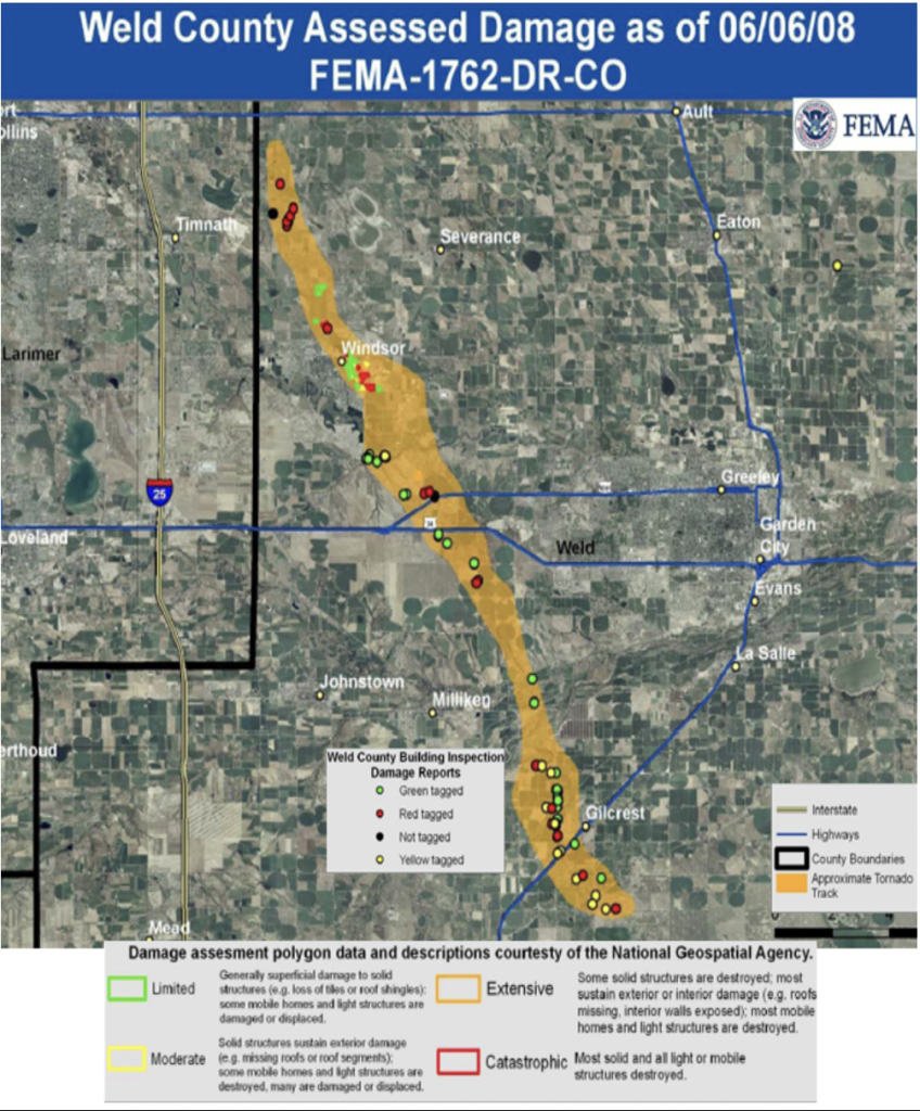 Map showing the track of the tornado near Windsor, Colorado on May 22, 2008. Courtesy of the NWS.
