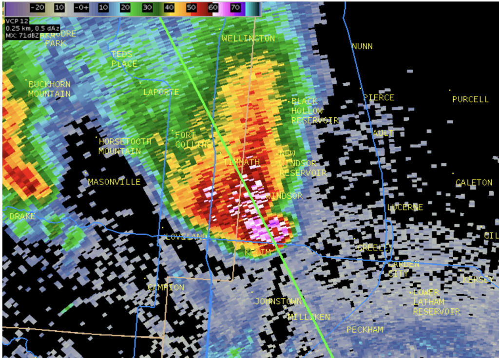 Radar image showing base reflectivity of the tornado-producing supercell near Windsor, Colorado on May 22, 2008. Courtesy of the NWS.