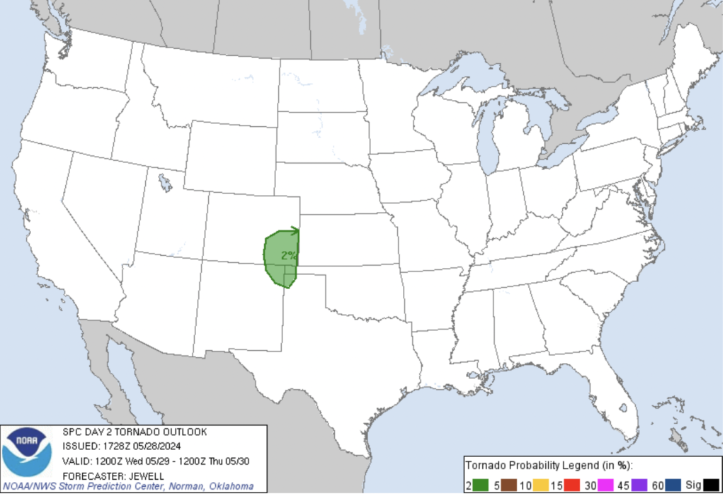 A map of Colorado, superimposed with the risk of tornadoes on May 29, 2024. The southeastern corner is marked as the primary area of concern.
