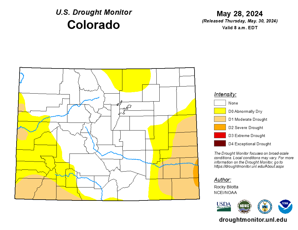 May Drought Monitor Map of Colorado issued May 28, 2024.