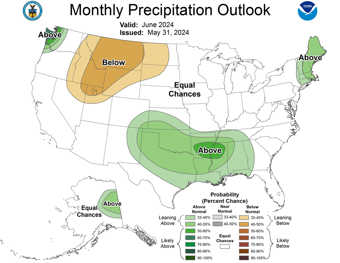 June Precipitation Outlook Map of the US issued May 31, 2024.