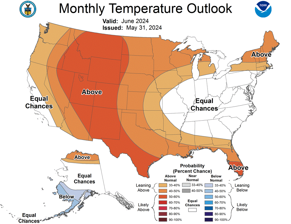 June Temperature Outlook Map of the US issued May 31, 2024