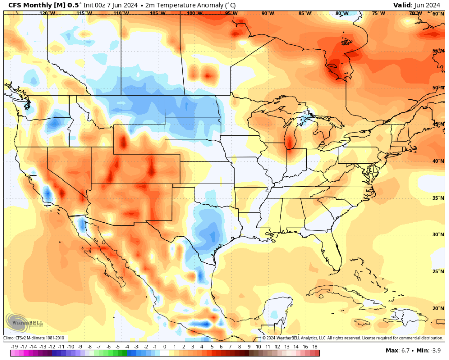 A map of North America depicting temperature anomalies for the month of June.