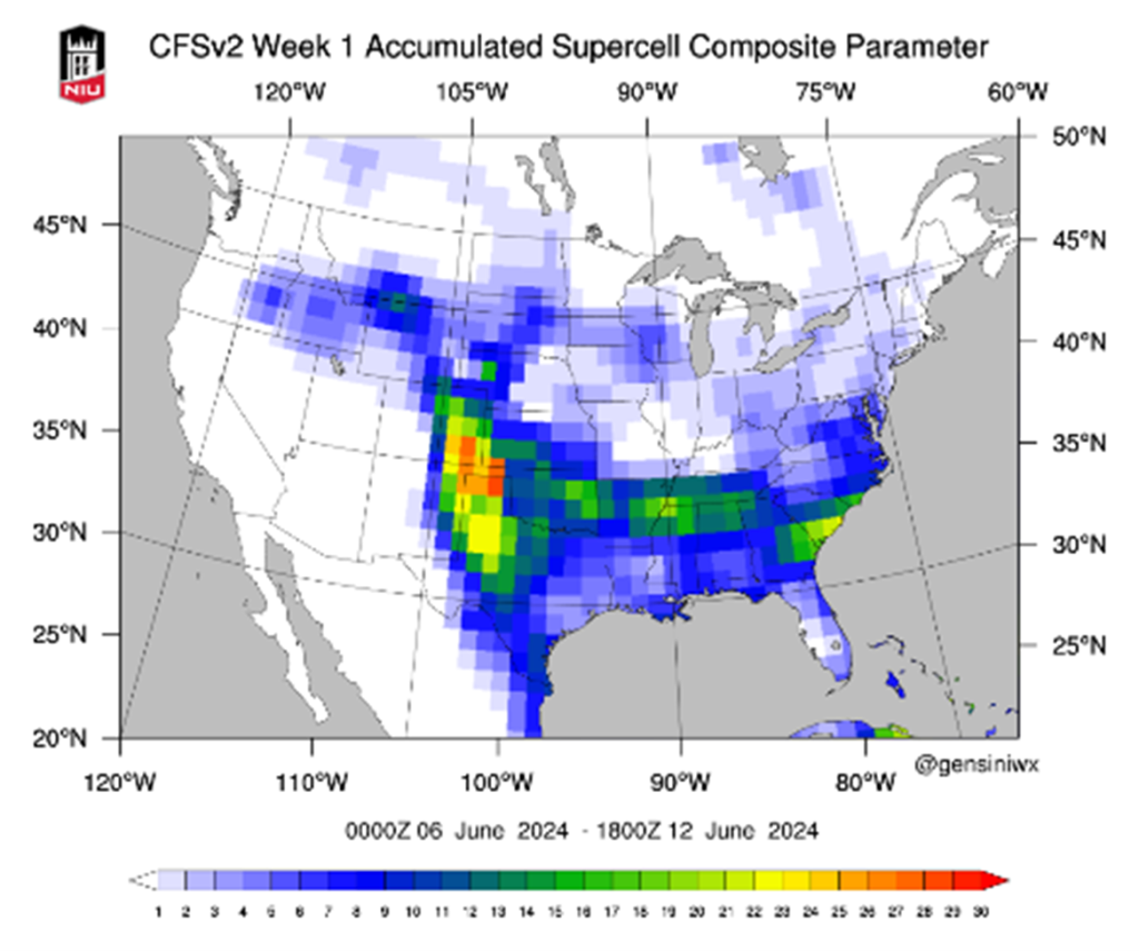 A map of North America thunderstorm probability during the first week of June, 2024.