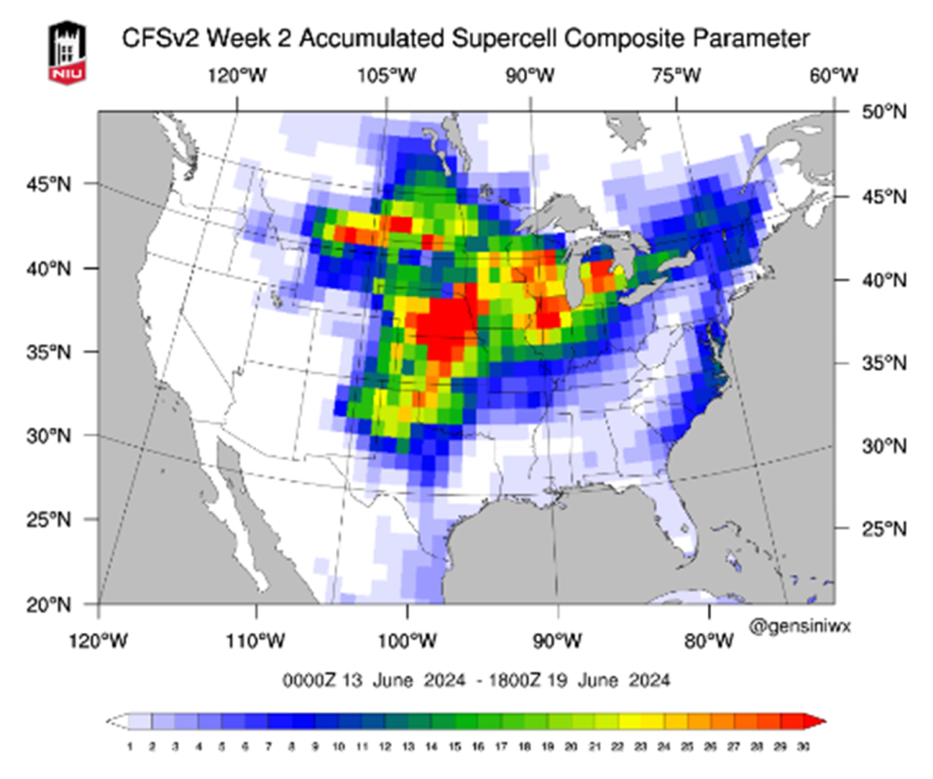 A map of North America thunderstorm probability during the second week of June, 2024.