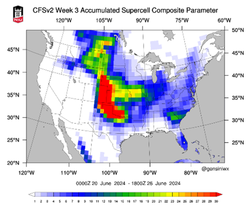 A map of North America thunderstorm probability during the third week of June, 2024.