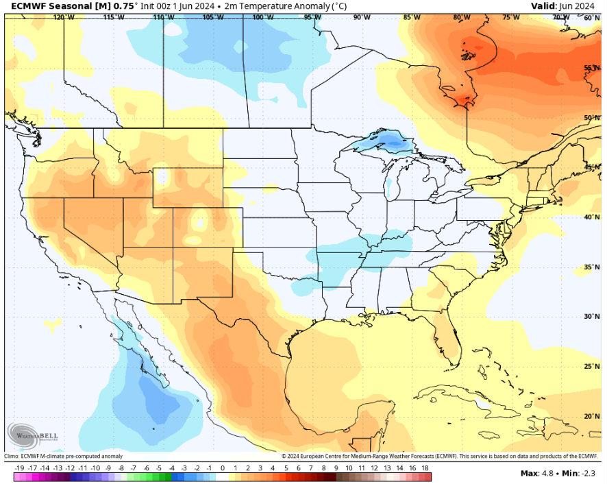 A map of North America depicting temperature anomalies for the month of June.