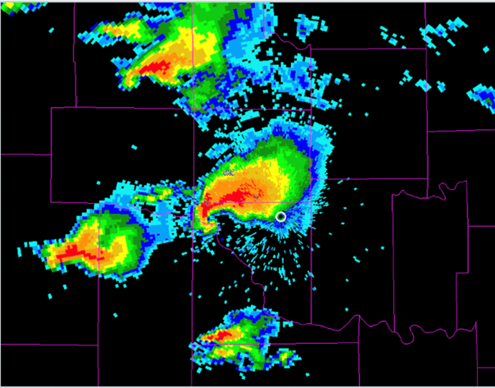 A digital image of radar reflectivity showing thunderstorm characteristics such as a hook echo and anvil.